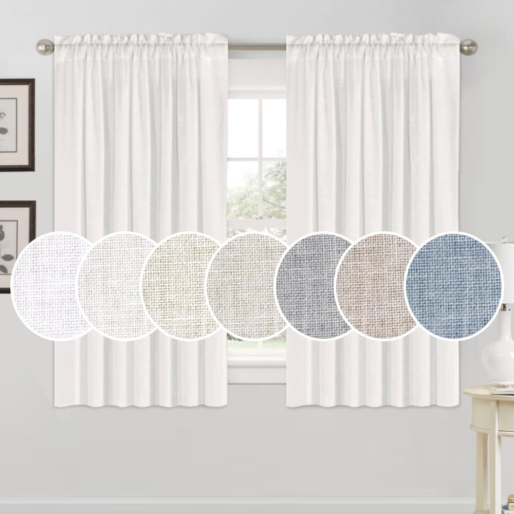 PrinceDeco Sheer Curtains Linen Blend Textured Bedroom Curtains, Rod Pocket Thick Linen Burlap Vertical Drapes Elegant & Casual with Light Filtering for Kid's Room, White, W52 x L63, 2 Pieces